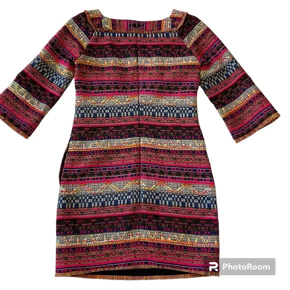 Trina Turk Layke Multi-Color Fringe Designer Dress Square Neck 3/4 Sleeves 2 - Picture 4 of 15